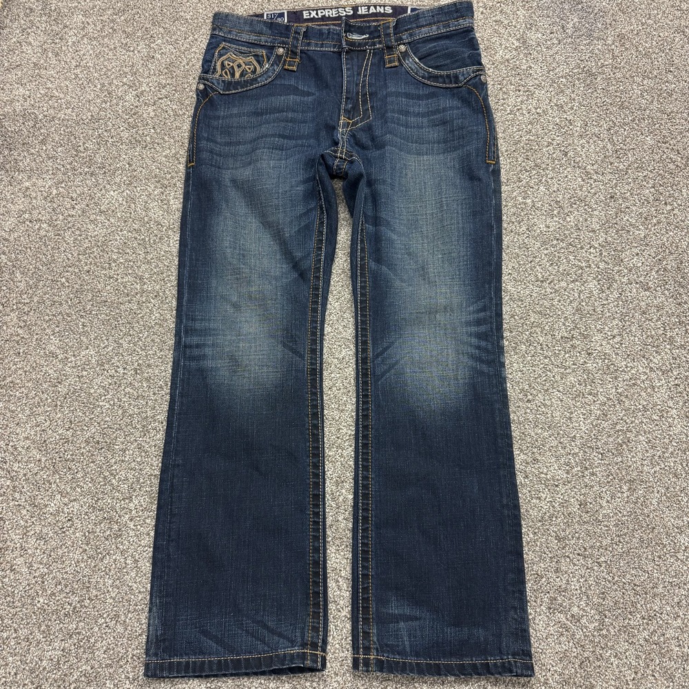 Y2K Express Rocco Slim Boot Jeans Mens 31x30 Medium Wash Blue Denim Embroidered